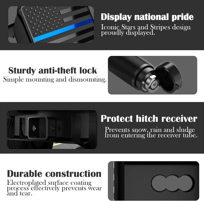OGYE Heavy American Flag Metal Trailer Hitch Cover for 2 Inch Receivers (with 5/8-inch Pin Diameter Trailer Hitch Lock,Black&Thin Blue Line) - Image 3